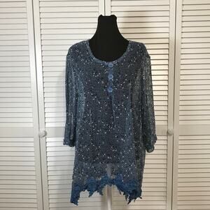 Blair Boho Navy Blue Fishnet Mesh Lace Hemline Oversized Tunic Blouse XL